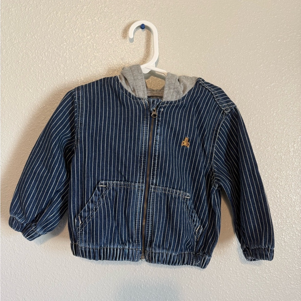 GAP Navy Pinstripe Jean Jacket with Grey Hood